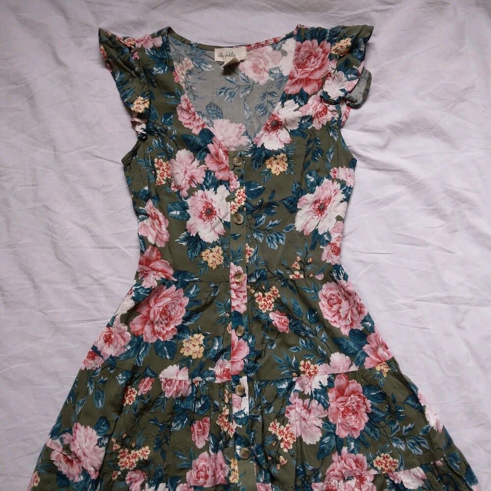 Blu Dahlia Button Down Dress Floral Flutter Sleeve Cottagecore Boho Womens XS - Picture 2 of 10